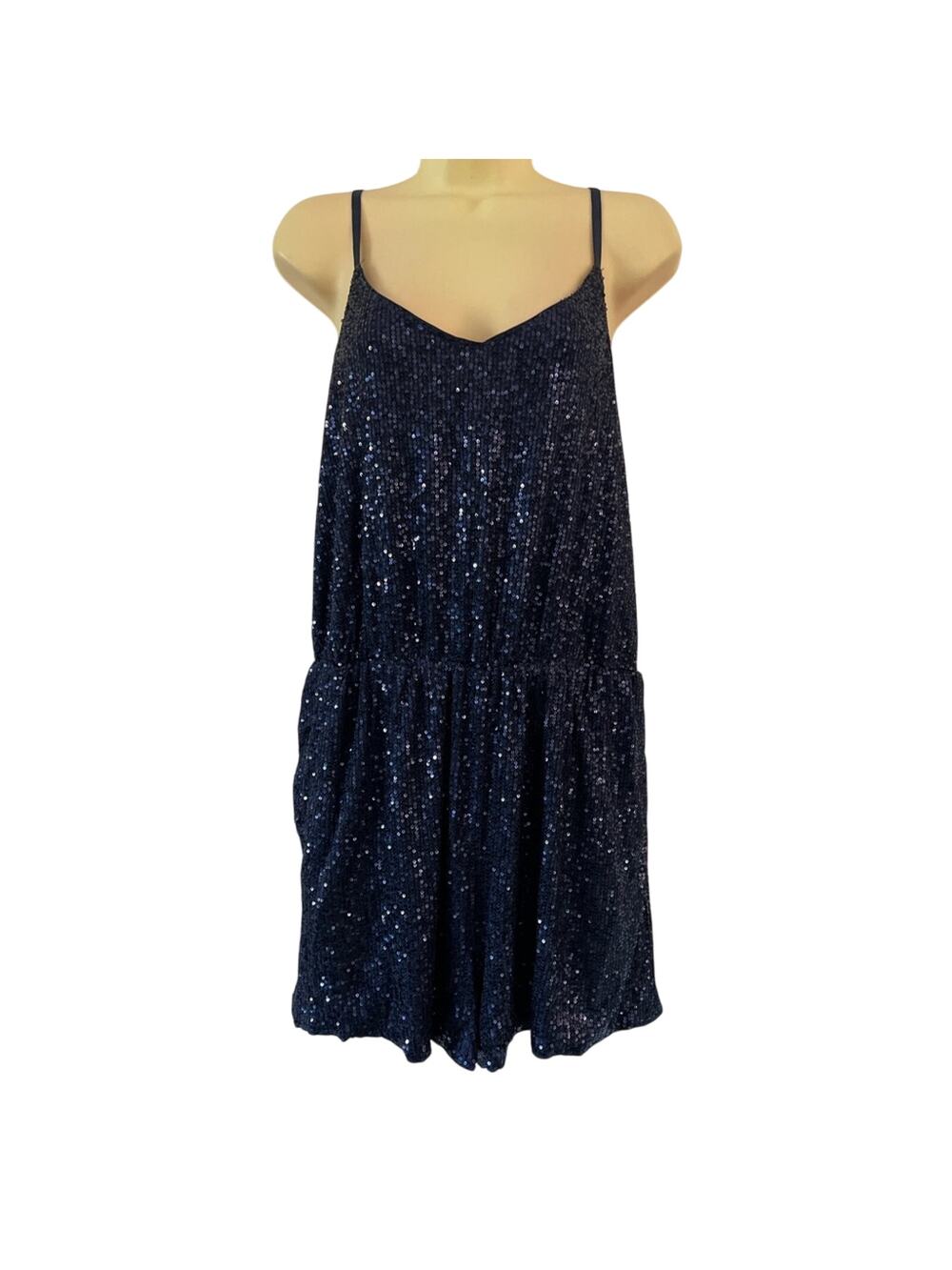 Navy Blue Sequin Knit Romper Woman Size XL Elastic Waist Pockets Lined Clubwear